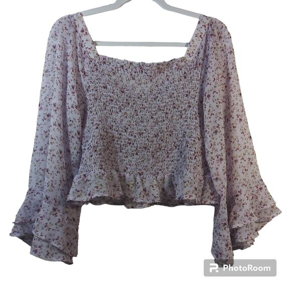 SAGE THE LABEL RUBY PURPLE FLORAL SMOCKED TOP SIZE L - Picture 3 of 7